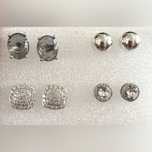 Earrings Set of 4 Pairs post back silver tone‎ studs CZ stone solid lightweight